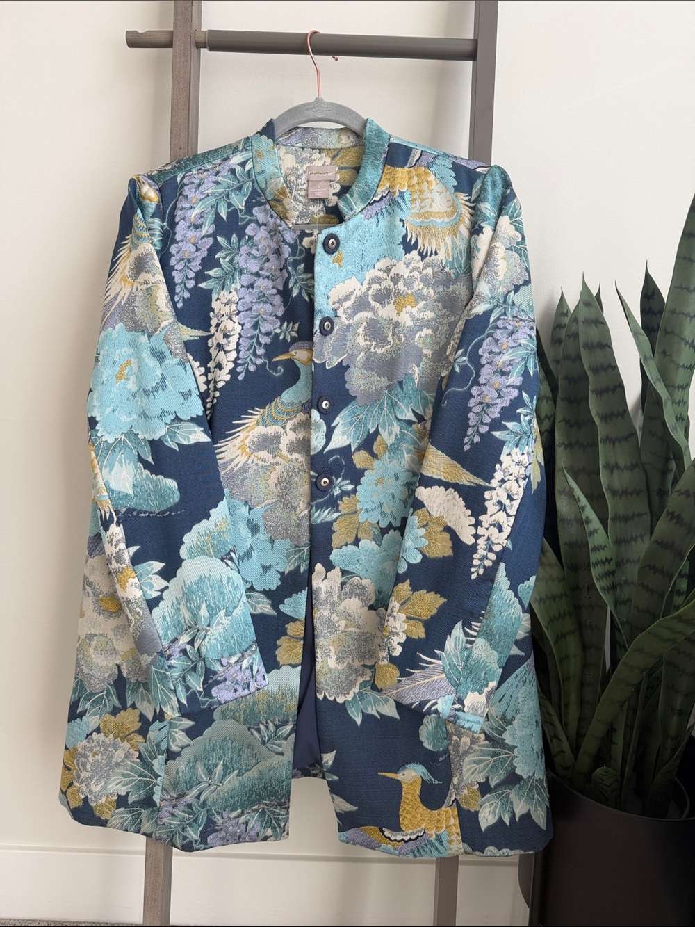 Chico’s Womens Navy Floral Jacquard Jacket with Teal Accents